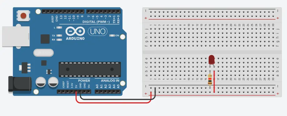 Circuito en Tinkercad conectando un LED a una placa Arduino para que se pueda encender.