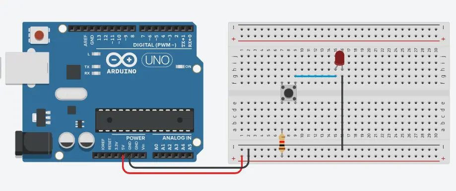 Circuito en Tinkercad conectando un LED a una placa Arduino para que se pueda encender al tocar un botón.