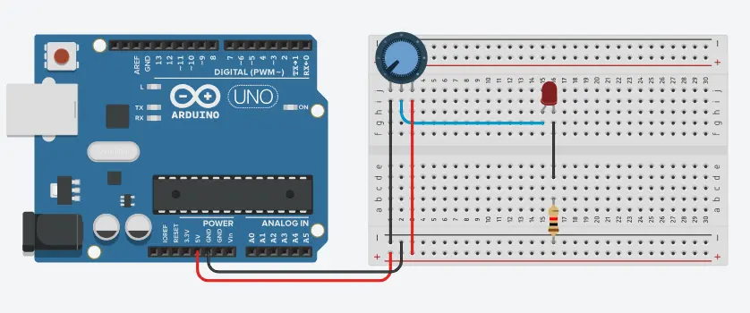 Circuito en Tinkercad conectando un LED a una placa Arduino para que se pueda encender según la intensidad marcada por el potenciómetro.