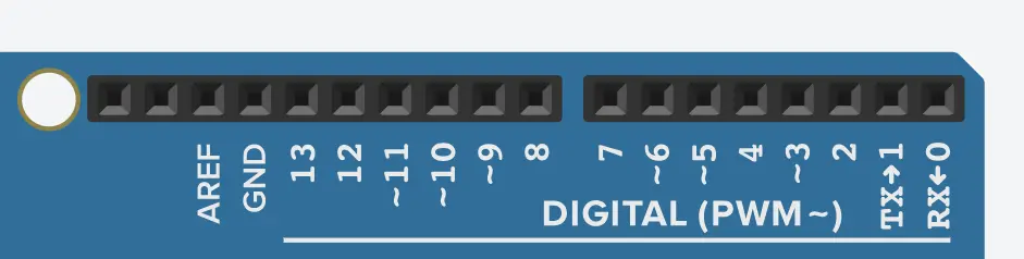 Imagen de la placa Arduino en Tinkercad mostrando los 5 pines digitales de su placa.