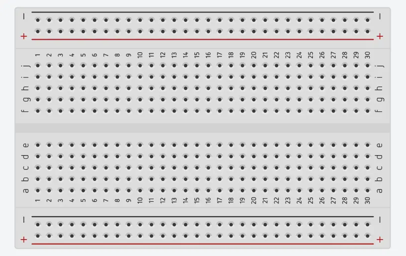 Imagen de la placa Protoboard en Tinkercad.
