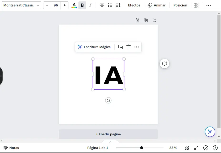 En Canva, escribiendo la palabra IA